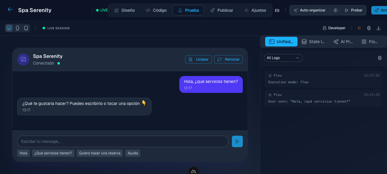 UseFlowy's testing lab: a real conversation with the spa bot, with quick replies and the services list